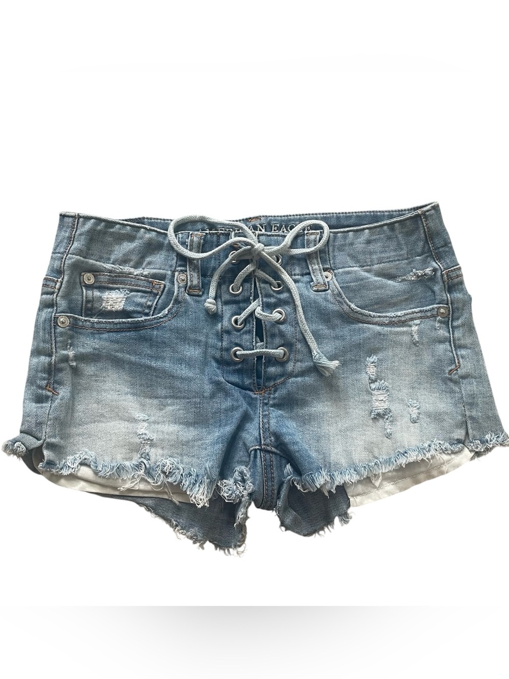 American Eagle Outfitters Light Blue Lace-Up Distressed Denim Shorts